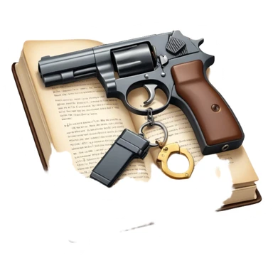 Icon for Action & Crime Reading: an open book with action-packed scenes, featuring a gun, handcuffs, a detective's badge. The icon should capture the tension and excitement of crime and action stories. Transparent background. sticker