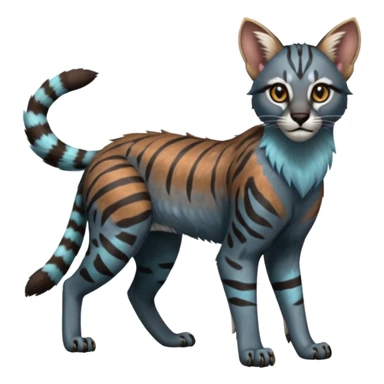 Splash-patterned Realistic edgy bluish greyish blackish whitish silvery coppery Shiny Colorful Dusky Dark Gloomy Glossy Genet-Caracal-Lion-Bobcat-fusion-animal-hybrid-creature, full body, tufted ears, long thin tufted tail sticker