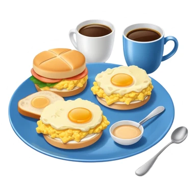 a blue plate with breakfast sandwiches and scrambled eggs and a cup of white coffee sticker