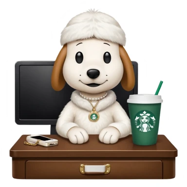 snoopy in a desk with starbucks and his chanel purse sticker