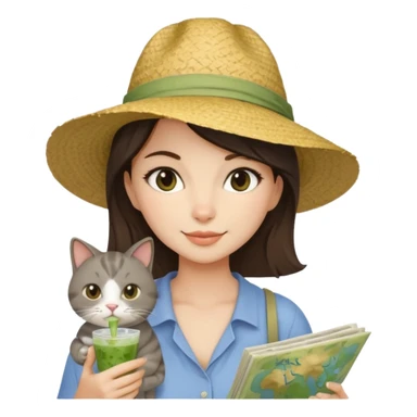a brunette woman in here 30S drinking an iced matcha, carrying a grey cat and a map of the world sticker