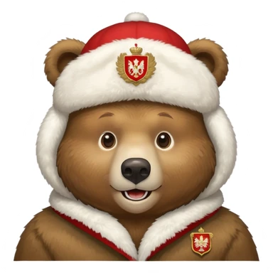 Russian brown bear wearing a white furry ushanka hat with Russian coat of arms emblem in the center, front view, iOS emoji style sticker