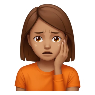 25 year old woman in orange shirt, she looks like she is in pain. She has brown hair sticker