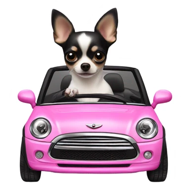 Black and white Chihuahua driving pink mini cooper convertible  sticker