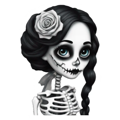 hyper realism, full height skeleton, tim burton "corpse bride", thin porcelain doll with a cracked face, goth makeup watery eyes, long hair, lace and ruffles, lolita style, inked, black and white, red roses sticker