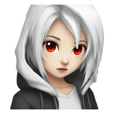 angry white-haired gamer girl with red eyes in a black hoodie, anime style sticker