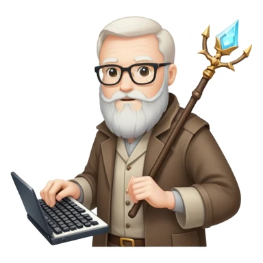 Wizardly looking old bearded geek, nerd, hacker with keyboard in one hand and magical staff in other hand sticker