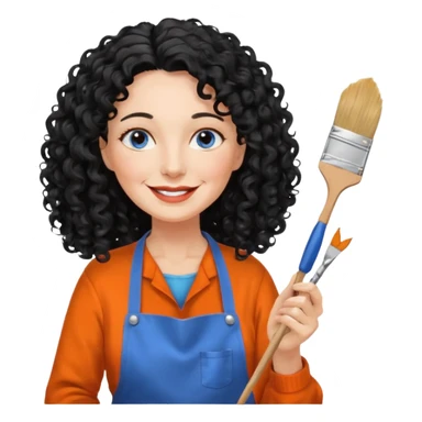 FEMME BLANCHE FRISÉ 60 ANS CHEVEUX NOIR FRISÉ ONDULÉ TRÈS  LONG , SOURIANTE AVEC CHANDAIL ORANGE ,   YEUX BLEU ET UN PINCEAU À LA MAIN LA MAIN AVEC 5 DOIGT SEULEMENT ET TABLIER sticker