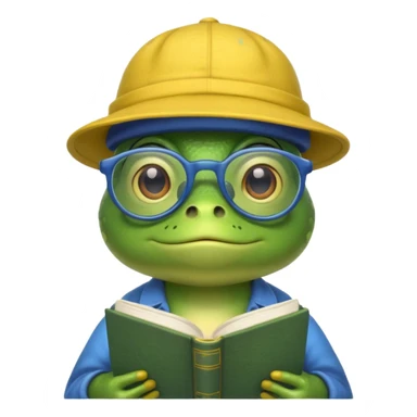 frog wearing yellow hat with glasses and blue book sticker