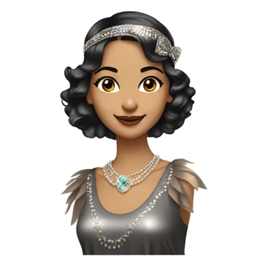 Feminine flapper jeweled style flapper headband short dark wave hair long eyelashes expression is she is smirking smiling and she is wearing sparkly shirt with sleeves and has wavy medium brown hair to shoulder  sticker