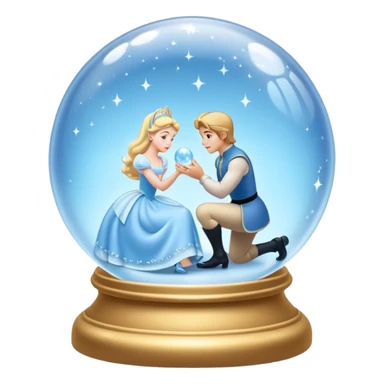 Hyperrealistic shiny crystal ball, ultra detailed,  displaying a realistic romantic disney scene, from Cinderella and her prince in the classic color scheme from the hyperrealistic disney movie, soft lighting, soft glow, very high quailty, not blurry, no emoji icons, no emoji faces sticker