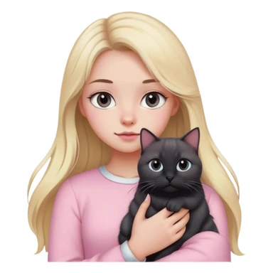 girl with blond long hair, grey eyes and fair skin in pink pastel clothes holds a black British cat in her arms sticker