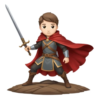 Character leaning on a sword stuck in the ground, wind whipping cape sticker