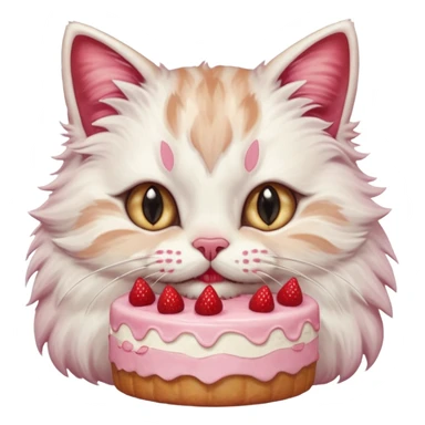 Close-up portrait of a fluffy cat eating a strawberry cake, pink cream on its nose and whiskers, detailed fur texture, soft natural light, shallow depth of field, high resolution, cute and candid moment
 sticker
