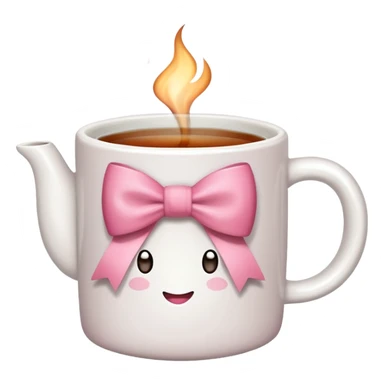 A white mug with a pink bow that contains tea sticker