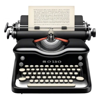 Create an emoji representing screenwriting. The design should feature an open script with visible dialogue and action lines, symbolizing the writing of a screenplay. Include a classic typewriter or a modern writing device, such as a laptop, to signify the process of creating a script. Optionally, add elements like a film reel or director's chair to emphasize the cinematic aspect of screenwriting. Use a professional color palette with black, white, and subtle metallic tones. Do not include any emojis or smiley faces. Make the background transparent. sticker