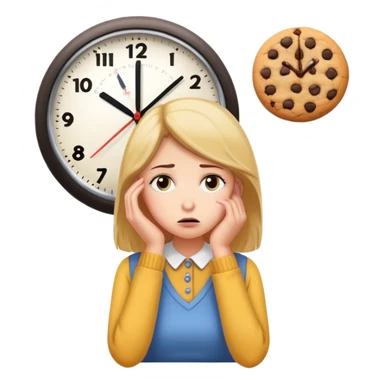 woman waiting hungry and sad  for cookie to be ready, looking on a clock that is on the wall  sticker