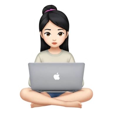 Asian girl with black hair sitting and watching a MacBook laptop sticker