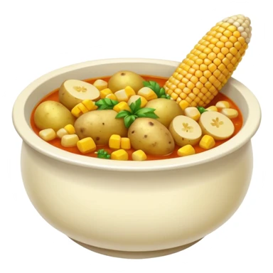 emoji of ajiaco soup bowl with visible potatoes, corn cob, and chicken, classic emoji style, vibrant colors sticker