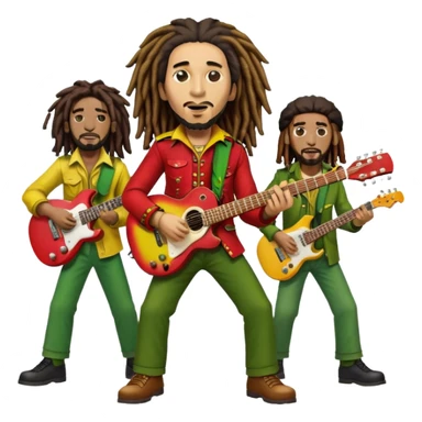 Icon for Reggae Music: Bob Marley with his guitar, surrounded by his band, The Wailers. The design should capture the laid-back, rhythmic vibe of reggae, with iconic dreadlocks and vibrant colors (red, yellow, green). Transparent background. sticker