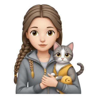 a white girl with long brunette hair in braid that is over her shoulder. shes holding a grey cat. the girl has long lashes and has on a grey zip up that is half way zipped  and under a white shirt and gold jewelry that is gold bracelets. sticker
