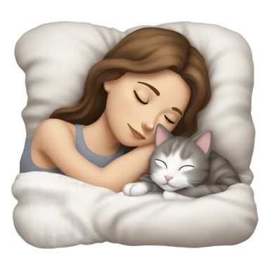 sleeping girl brown hair laying next to white and gray cat sticker