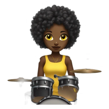 cute punk girl in yellow dress dark skin with yellow eyes and dark curvy hairs plays on drums sticker