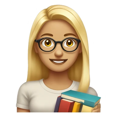 chica profesora joven rubia pelo muy largo y liso con dos mechones, sonriendo con libros en una mano, con gafas pequeñas color marrón redondas, vestida con camiseta color negro y con pendientes de aros grandes color oro sticker