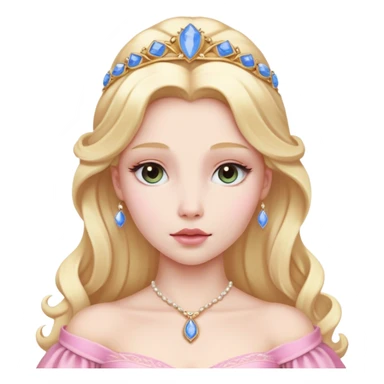 Cinematic Realistic Sleeping Beauty (Aurora) Portrait, with porcelain-like skin featuring a natural rosy flush, illuminated by soft lighting that highlights the gentle contours of her face. Her golden blonde hair flows in soft, detailed waves with subtle highlights that shimmer in the light. Her deep violet-blue eyes radiate warmth and innocence, framed by arched brows and long lashes. With a soft, serene smile, she holds a delicate rose gently in one hand, her other hand resting lightly by her side. She is dressed in her classic pink gown, the fabric rich in texture with delicate folds that catch the light. A golden crown rests atop her head, gleaming with royal refinement. The portrait captures a soft, glowing aura, blending realism with an ethereal sense of beauty and timeless enchantment. sticker