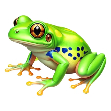 Cinematic Noble Green Tree Frog Portrait Emoji, Poised and alert, with a compact, vibrant body clad in bright, glossy green skin accented by delicate, sticky toe pads and large, bulging, observant eyes, Simplified yet sharp and sophisticated features, highly detailed, glowing with a soft, verdant luminescence, high shine, intelligent and sprightly, stylized with an air of tropical elegance, focused and attentive, soft glowing outline, capturing the essence of a watchful and confident amphibian that appears ready to leap out of the screen with effortless agility! sticker