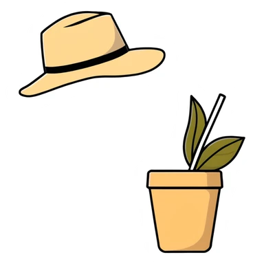 beige aesthetic coffee cup, journal, plant pot, and straw hat sticker
