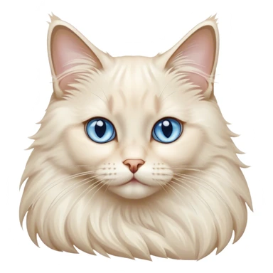Cinematic Adorable Fluffy Cream Ragdoll Cat Portrait Emoji, Head tilted gracefully with soft, sparkling blue eyes, silky cream-colored fur with subtle darker points on the ears, face, and paws, Simplified yet noble features, highly detailed, glowing with a warm and gentle radiance, high shine, affectionate and poised, stylized with an air of elegance, bright and endearing, soft glowing outline, capturing the essence of a majestic and loving kitty, so dignified it feels like it could spring into action at any moment with grace! sticker