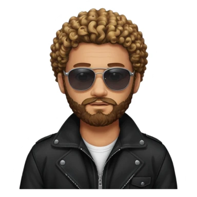 biker gang with black sunglass and rugged and bulky guy bearded curly hair black jacket one gay sticker