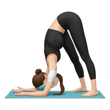 Minimalist flat vector illustration of a woman doing yoga in forward fold pose (Uttanasana), wearing sportswear (black top and black shorts), brown hair in a bun, clean white background, no face details, elegant style sticker