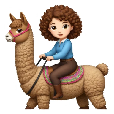 cute woman short tight curly brown hair riding an alpaca sticker