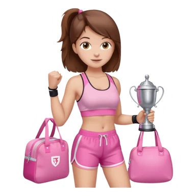 Brown hair girl wearing a pink gym set, shorts and gym bra have her holding a Stanley cup and CUTE pink gym bag  sticker