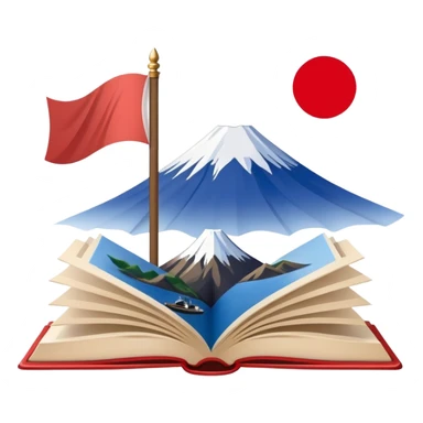 An icon featuring Mount Fuji and the flag of Japan, symbolizing the Japanese language. The design includes an open book with Japanese kanji characters and a traditional Japanese fan, representing language learning and cultural heritage. Transparent background . sticker