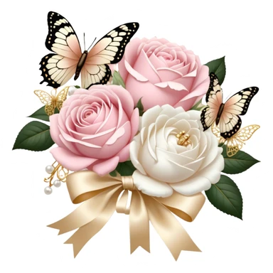 A vintage-inspired wedding bouquet of blush pink roses and fluffy white peonies, tied with an intricate ivory satin ribbon, surrounded by golden filigree accents and soft-focus pearl butterflies fluttering around. sticker