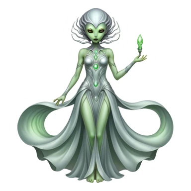 alien woman light green skin in silver dress, full body  sticker