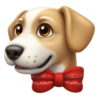 A cute dog wearing a Christmas sweater on and has a red bow beside there left ear sticker