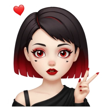 A girl with goth makeup and short hair( dark brown and bottom of hair red) winking and blowing kiss while raising one shoulder.  sticker