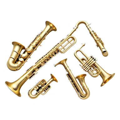 Create a dynamic and vibrant emoji representing a collection of wind instruments. The design should feature a variety of classic wind instruments, including a trumpet, saxophone, clarinet, flute, and trombone, arranged in an artistic and harmonious way. Each instrument should be detailed with its unique features, such as the shiny brass of the trumpet, the sleek keys of the clarinet, and the elegant curves of the saxophone. Add subtle musical notes or soundwaves flowing around the instruments to represent the collective music they create. Use warm metallic tones like gold, silver, and brass, along with deep wood tones for the wooden instruments, to evoke the rich, diverse sounds of wind instruments. The background should be transparent. sticker