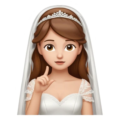 brown-haired bride in a white wedding dress and veil, curious expression, pointing to her head with her index finger, cute emoji style. sticker