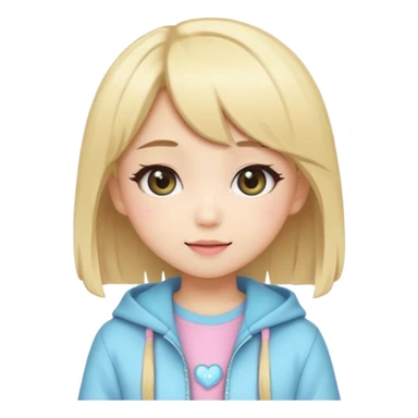 Cute kawaii emoji-style Japanese K-pop girl, blonde hair, trendy K-pop outfit with Japanese cute fashion vibes, big sparkling eyes, chibi proportions, clean lineart, pastel colors, cheerful idol smile, sticker/emoji style, transparent background sticker