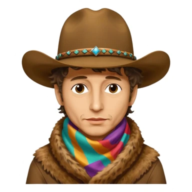 realistic cinematic Bob Dylan profile portrait with dirty cowboy hat on head and colorful silk scarf around neck, fur coat - Desire album cover sticker