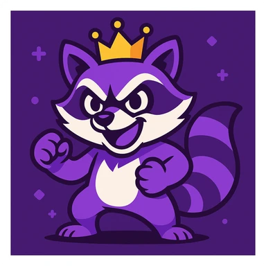 cartoon raccoon with a crown, playful and competitive, purple and white color scheme, Twitch-inspired sticker