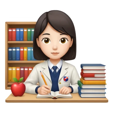 hardworking South Korean high school student, wearing neat school uniform, focused on studying, with books and pencil, Apple iPhone emoji style sticker