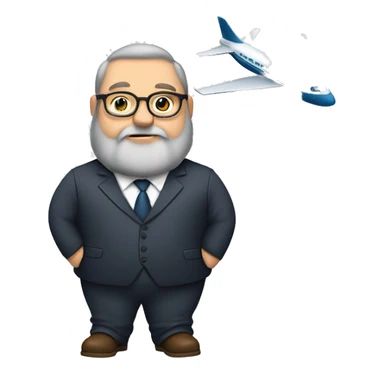 Fat guy, big beard, with 40 years, using round glasses using suit and tie with beard handing a mini airplane  sticker