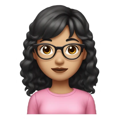 An Asian girl with light skin, black eyes, and medium-length wavy black hair with bangs. She’s wearing round metal glasses, has black eyebrows, pink lips, and a warm smile. She’s dressed in a pink crop top sticker