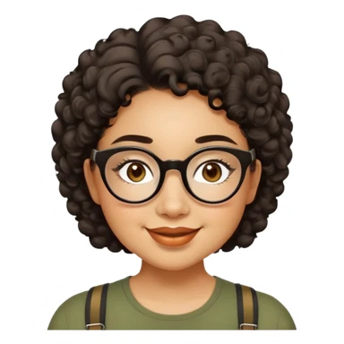 Woman in her 20s with caramel skin tone. Cheerful round face with chubby cheeks. Brown eyes behind thick black glasses. Voluminous short curly hair. Wide smile with dimples. Wearing olive green shirt with wide straps. sticker